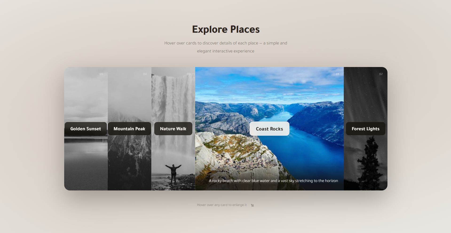 CSS flexible accordion image cards showing hover expand effect with grayscale to color transition and sliding description overlay