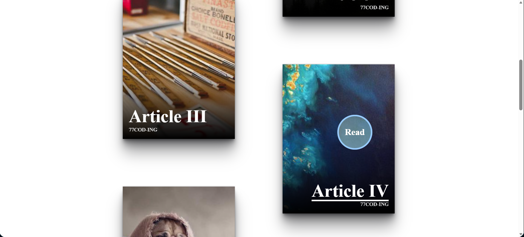 Interactive image card hover animation with custom cursor text effect, CSS blend mode, and CSS grid staggered layout built with HTML CSS JavaScript