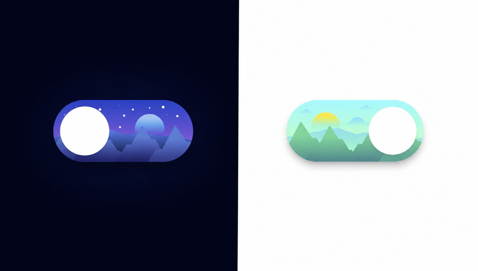 Animated day night toggle switch with CSS SVG mountains, clouds, and stars transitioning between night and day scenes
